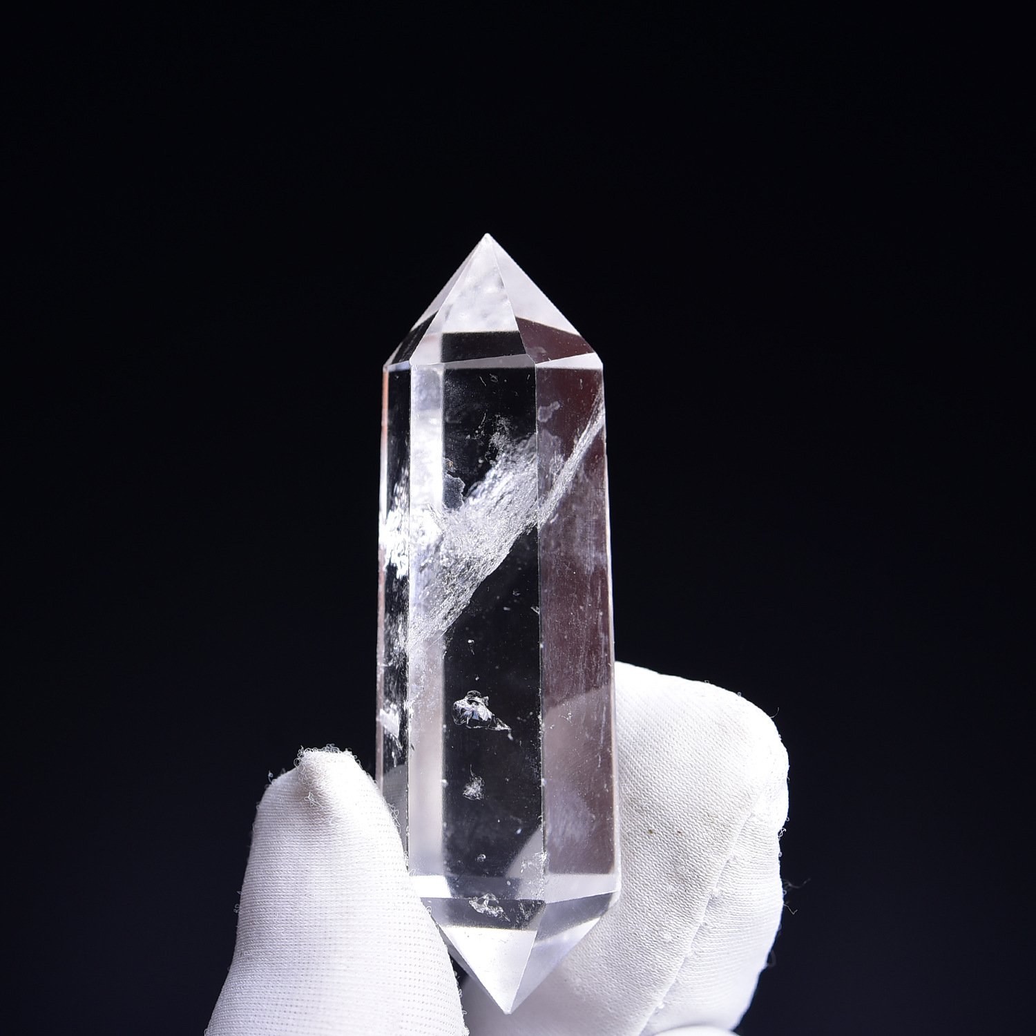 clear faceted K9 crystal hexagonal prism component for luxury chandelier manufacturing and lighting design.