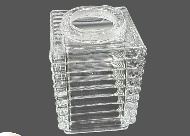 Clear square pressed glass cube shade with horizontal ribbing, top opening for E27 E14 lamp holder, retro art deco replacement.