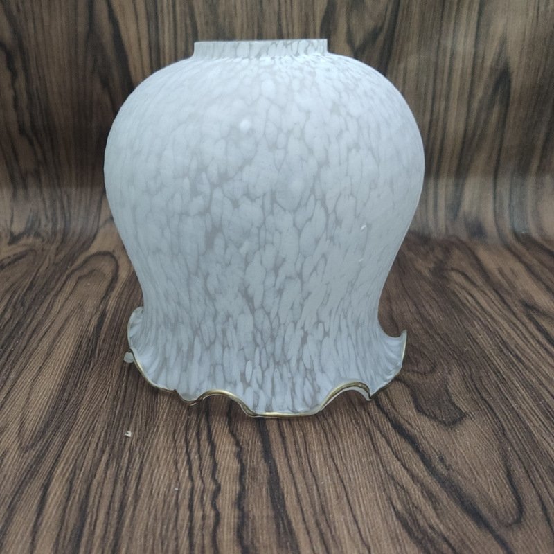 Faux alabaster mottled white glass bell shade with gold rimmed scalloped edge, vintage cloud pattern replacement.