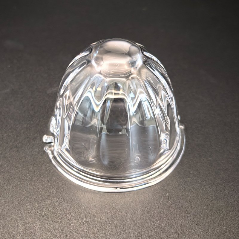 Small clear pressed glass bell shade with vertical fluted ribs, replacement mini dome for G9 chandeliers and ceiling fans.