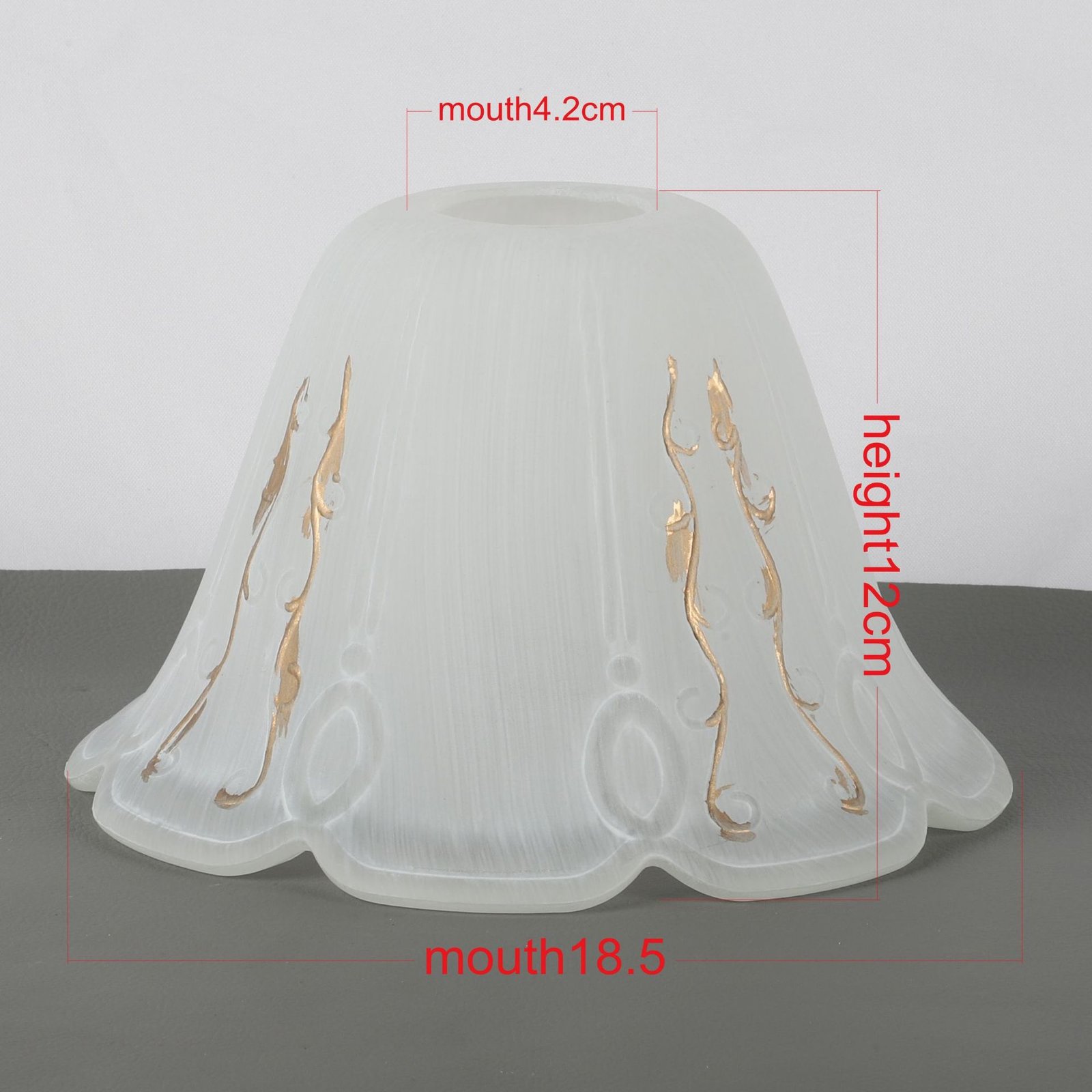 Acid-etched frosted glass bell shade with hand-painted gold and scalloped edge, E27 fitter for traditional chandeliers.