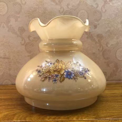 Amber lustre glass hurricane lamp shade with floral design, crimped top replacement globe for vintage parlor lamps and GWTW fixtures.