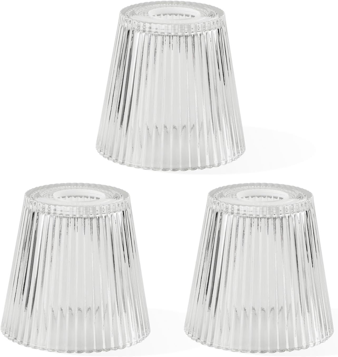Set of 3 clear ribbed glass cone lamp shades, fluted replacement glass covers for bathroom vanity lights, pendant fixtures, and wall sconces