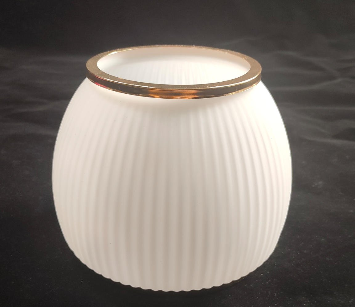 White frosted ribbed glass globe shade with polished brass metal trim ring for vintage pendant lights and ceiling fixtures